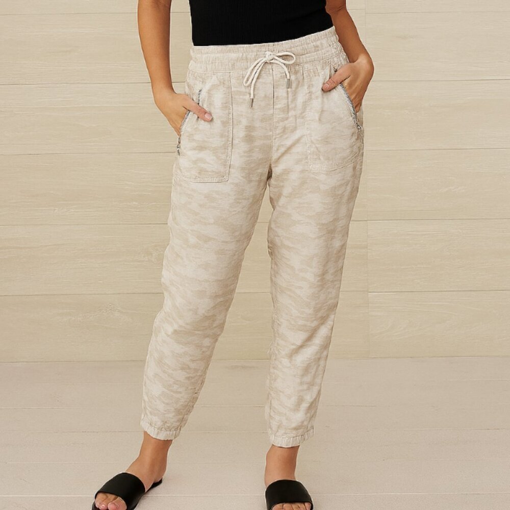 Athleta Women's Cream Beige Camo Print Cabo Tide Linen Jogger Pants size 4